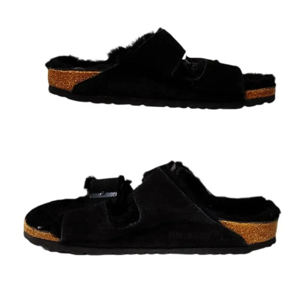 Birkenstock Arizona Shearling Suede Slide Sandals Black Cozy Women EU38 US7